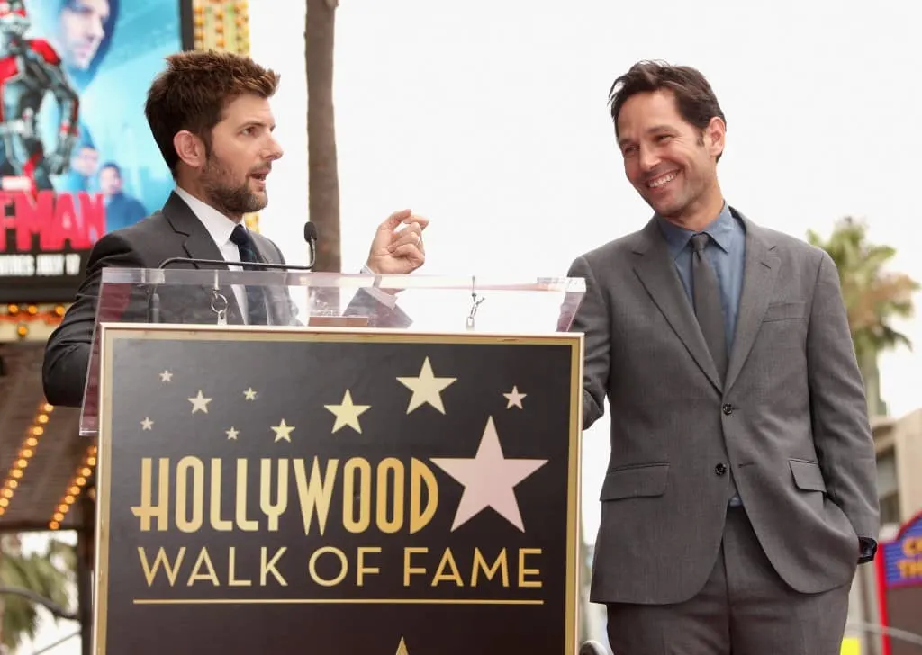 HOLLYWOOD, CA - JULY 01:  Actor Adam Scott (L) honors actor Paul Rudd with a Star on The Hollywood Walk of Fame on July 1, 2015 in Hollywood, California.  (Photo by Jesse Grant/Getty Images for Disney) *** Local Caption *** Adam Scott;Paul Rudd