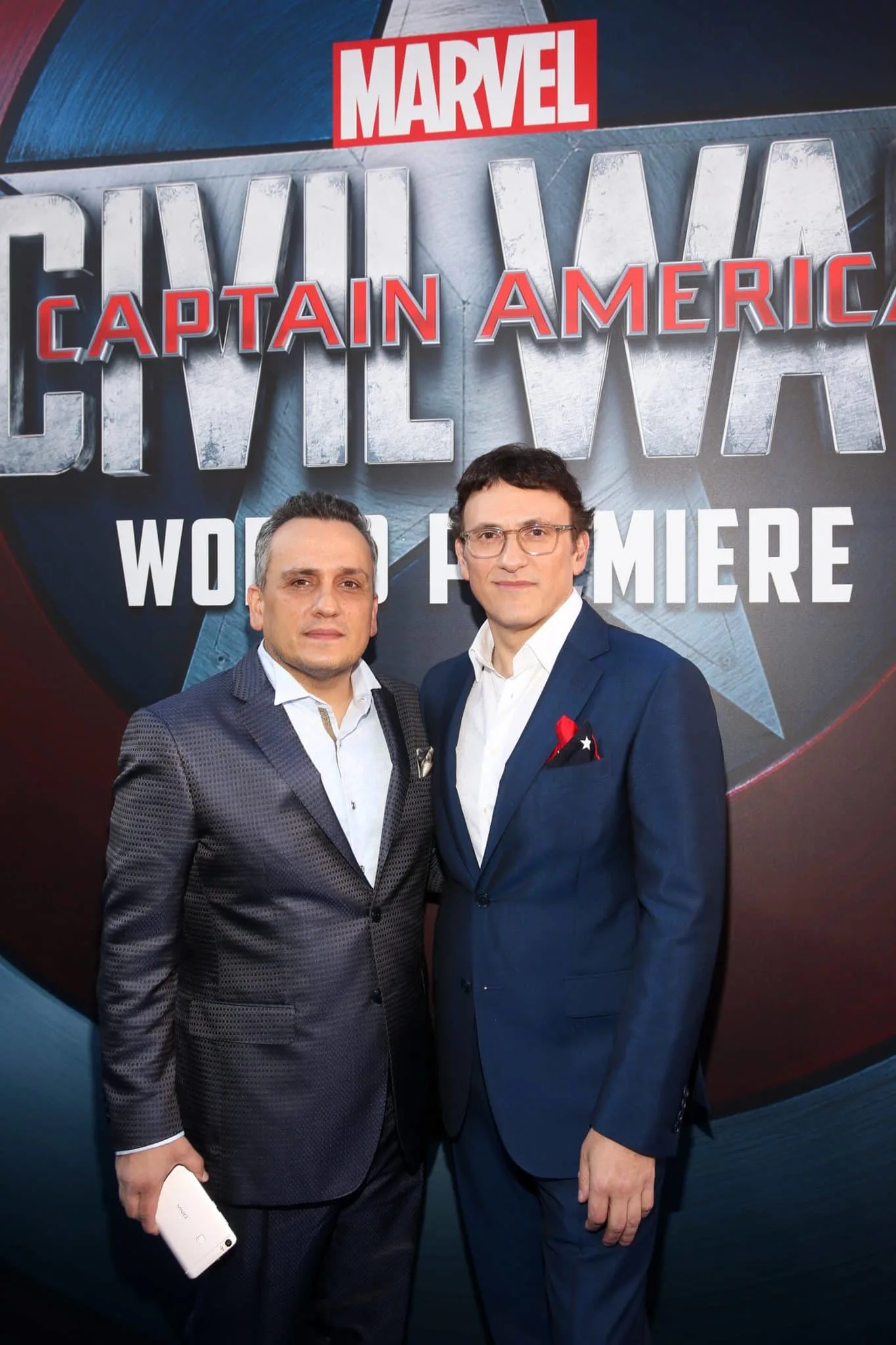 HOLLYWOOD, CALIFORNIA - APRIL 12: Directors Joe Russo (L) and Anthony Russo attend The World Premiere of Marvel's "Captain America: Civil War" at Dolby Theatre on April 12, 2016 in Los Angeles, California. (Photo by Jesse Grant/Getty Images for Disney) *** Local Caption *** Joe Russo; Anthony Russo