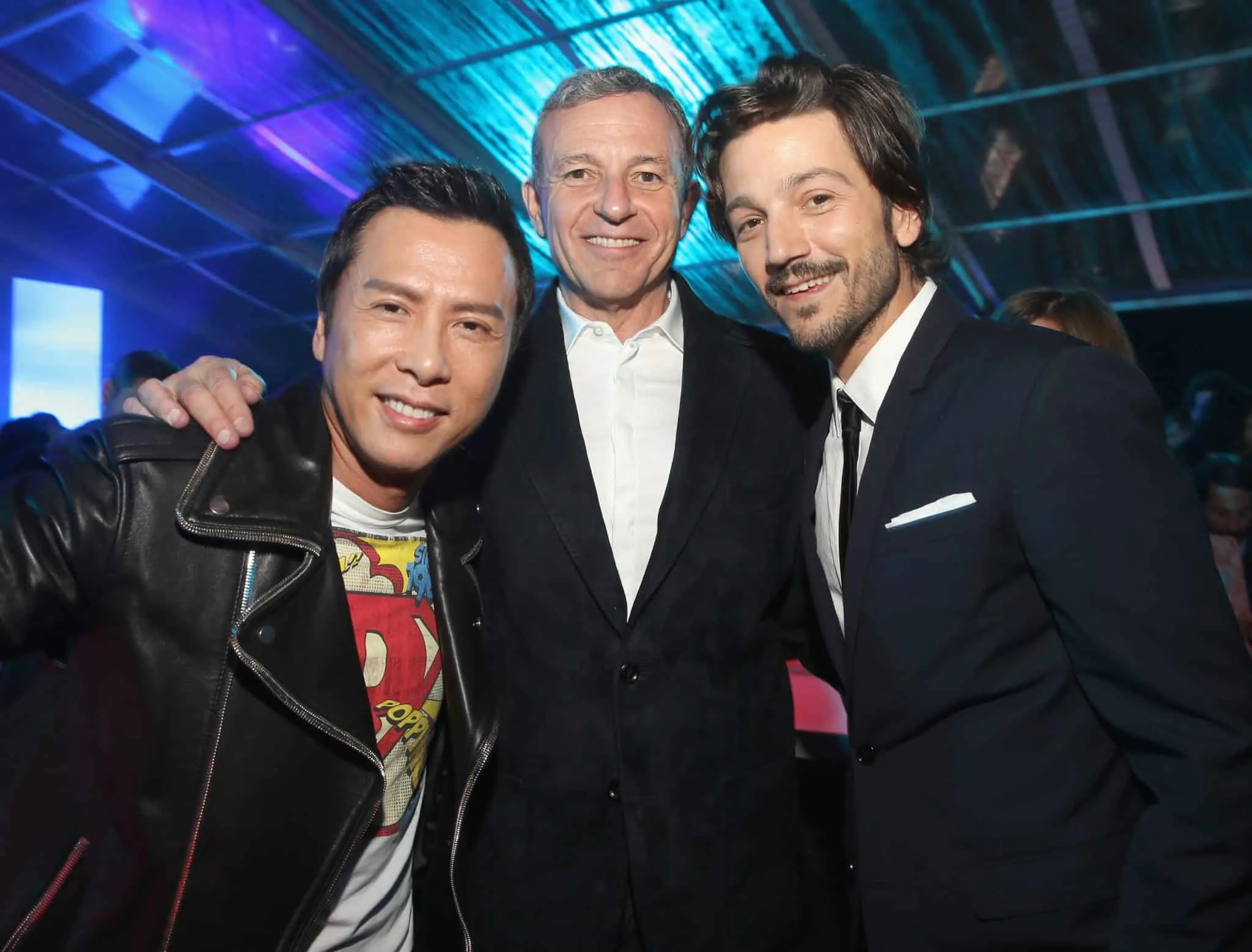 HOLLYWOOD, CA - DECEMBER 10: (L-R) Actor Donnie Yen, The Walt Disney Company Chairman and CEO Bob Iger and actor Diego Luna attend The World Premiere of Lucasfilm's highly anticipated, first-ever, standalone Star Wars adventure, "Rogue One: A Star Wars Story" at the Pantages Theatre on December 10, 2016 in Hollywood, California.  (Photo by Jesse Grant/Getty Images for Disney) *** Local Caption *** Donnie Yen; Bob Iger; Diego Luna