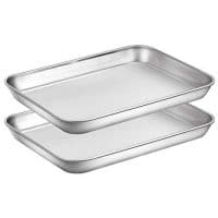 Baking Sheets Set of 2, HKJ Chef Cookie Sheets 2 Pieces & Stainless Steel Baking Pans & Toaster Oven Tray Pans, Rectangle Size 9L x 7W x 1H inch & Non Toxic & Healthy & Easy Clean